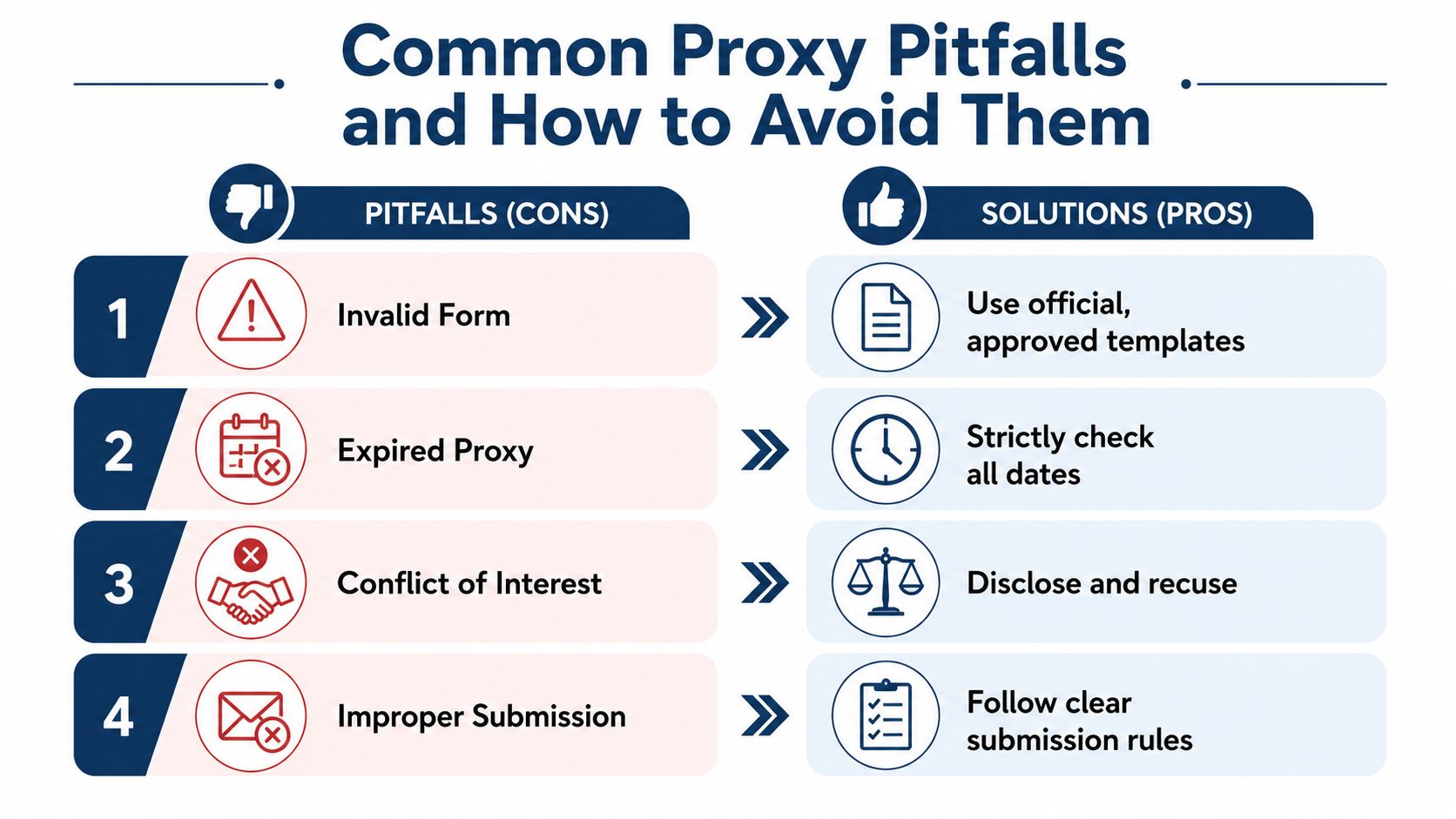An infographic titled Common Proxy Pitfalls listing four common proxy errors and their corresponding solutions.
