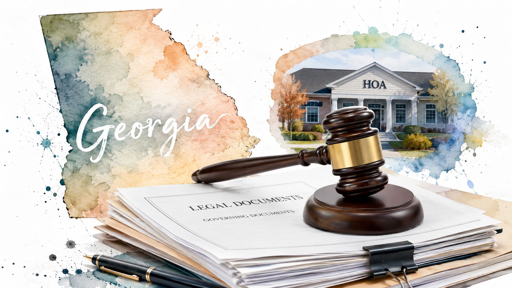 A wooden gavel resting on a stack of legal HOA documents with a Georgia map background.
