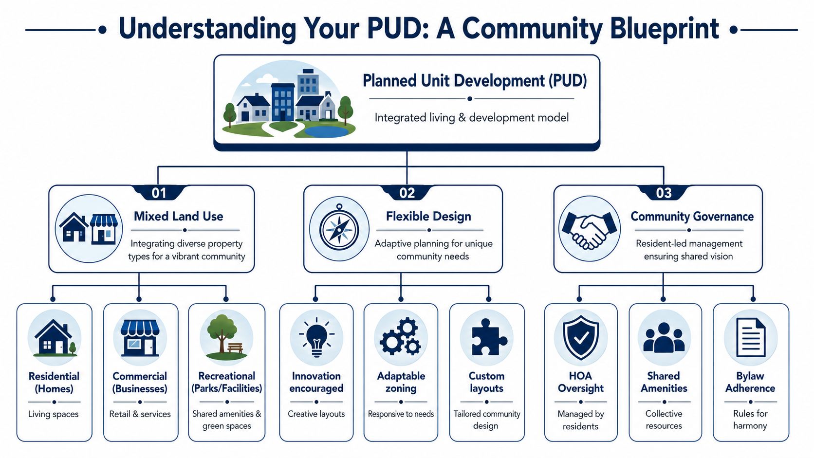 An infographic titled Understanding Your PUD explaining the concept of Planned Unit Development, its design, and governance.