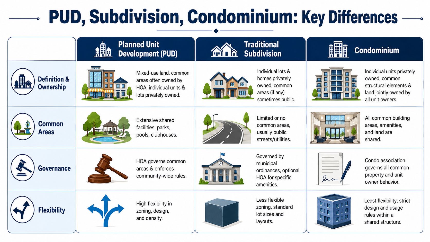 A comparison chart outlining the key differences between planned unit developments, traditional subdivisions, and condominiums.