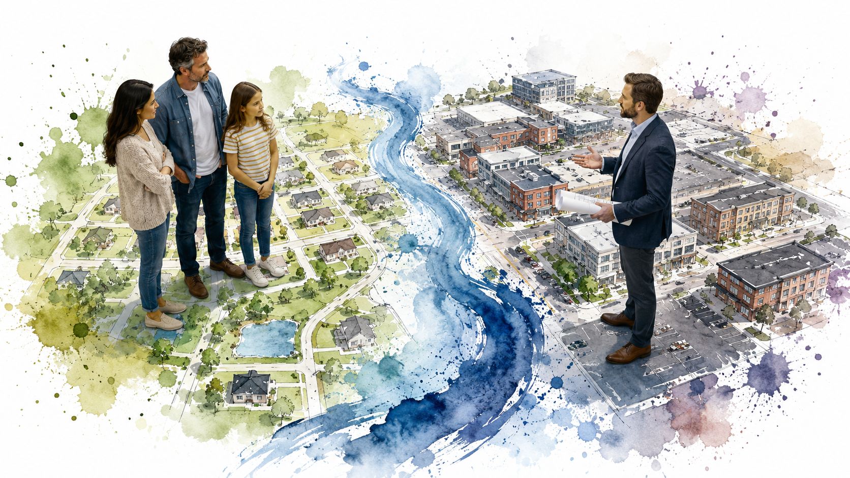 A professional planner presents a neighborhood development plan to a family looking at a land plot.