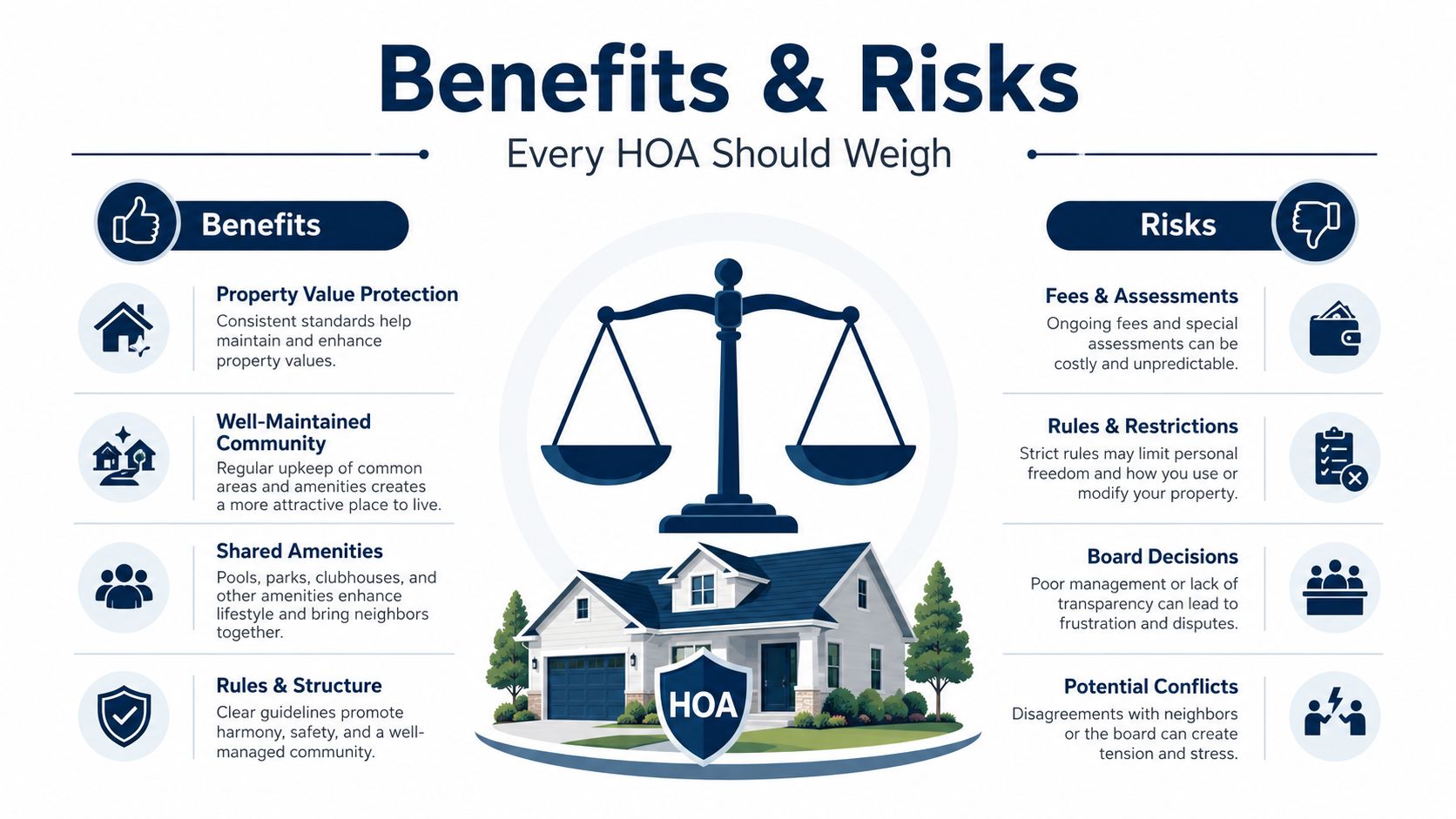 A visual infographic titled Benefits & Risks of Homeowners Associations comparing pros and cons for residents.