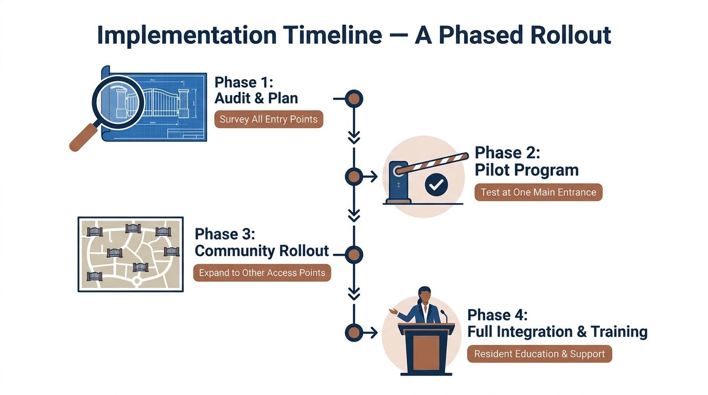 A four-phase implementation timeline diagram for installing new gate access control systems in a residential community.