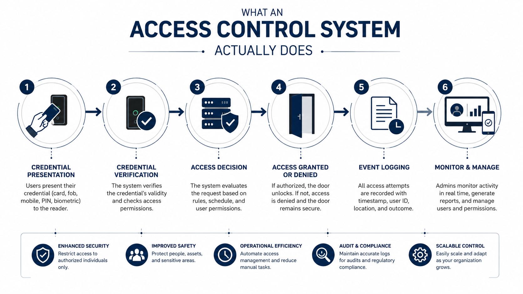A diagram illustrating the six-step process of how an access control system manages entry and security.