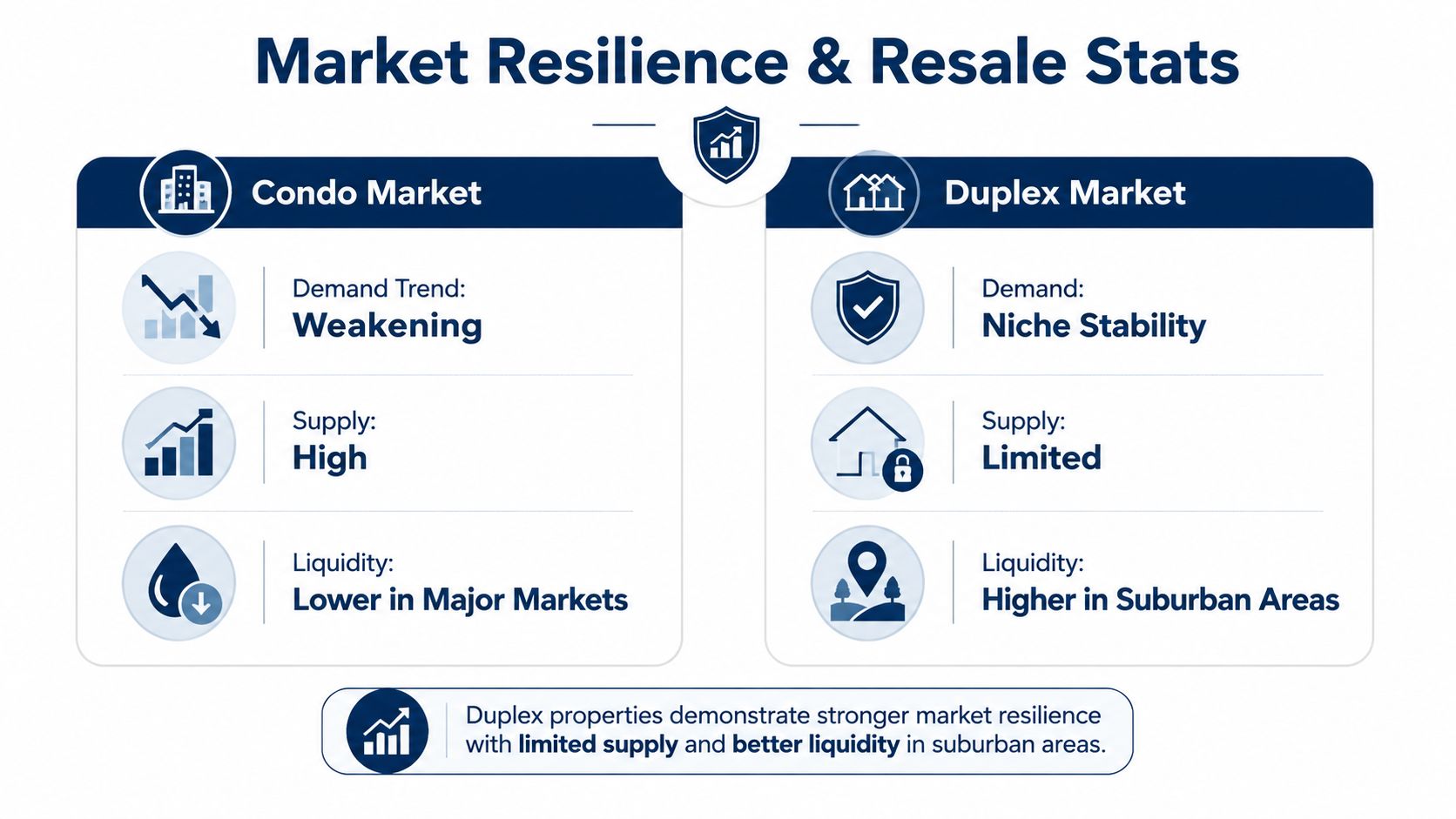 A comparison infographic showing condo market weakness versus the stability and resilience of the duplex market.