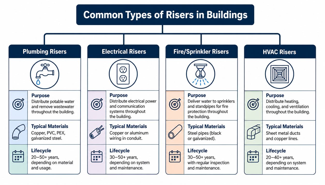 An infographic showing four common types of building risers: plumbing, electrical, fire sprinkler, and HVAC systems.