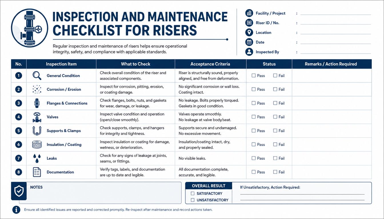 A professional inspection and maintenance checklist form for risers used in building safety and facility management.