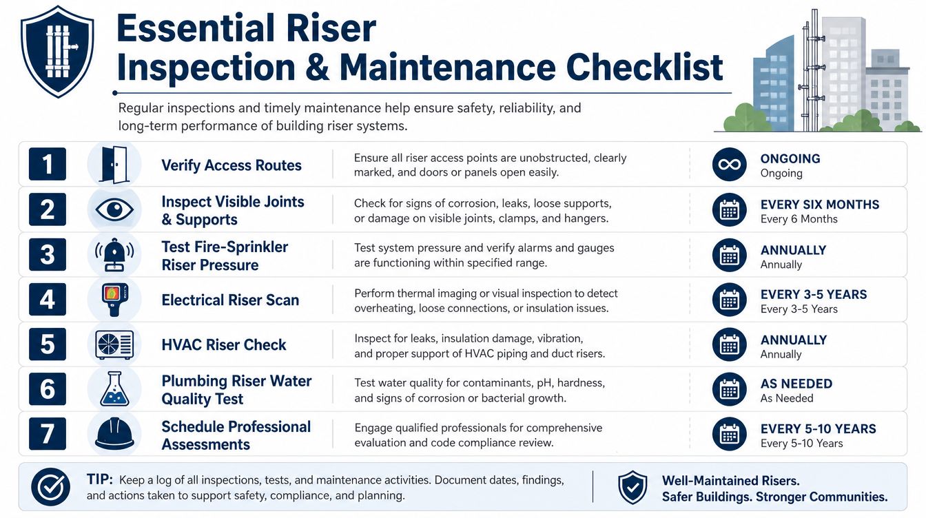 A structured infographic checklist detailing essential inspection and maintenance tasks for building riser systems at regular intervals.