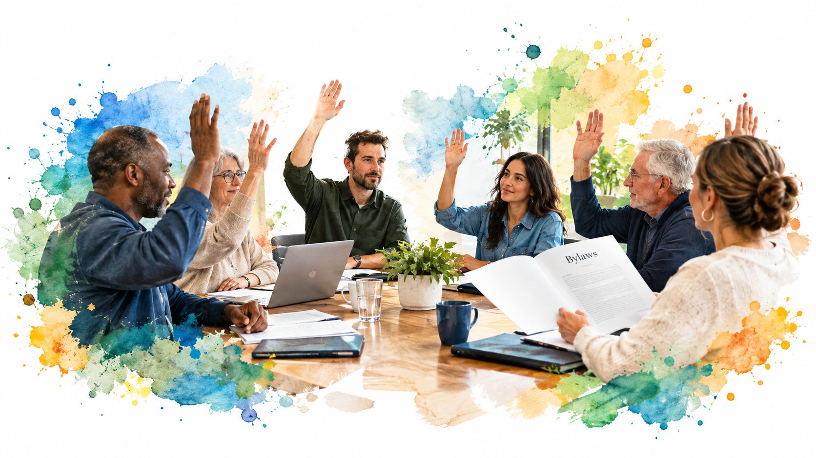 A diverse group of people sitting around a wooden table in an office meeting with hands raised.