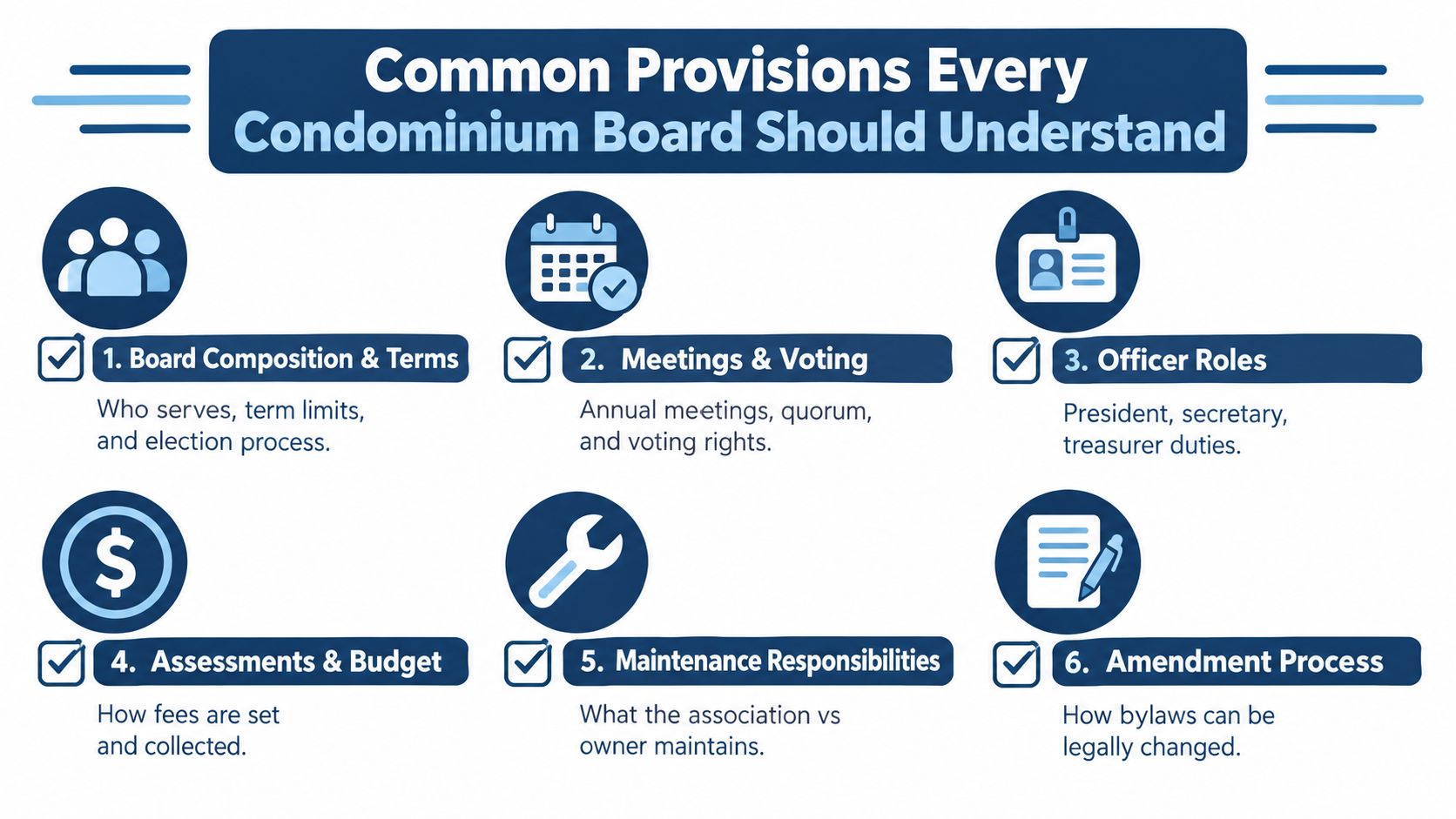 A graphic listing six essential legal provisions that condominium boards should understand for effective association management.