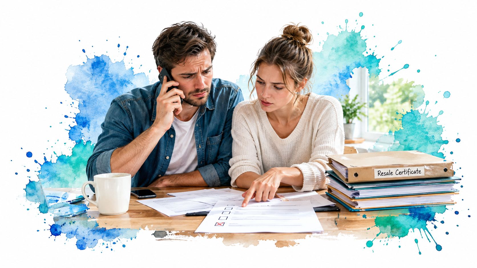 A concerned couple examines paperwork while discussing a condo resale certificate over a phone call.