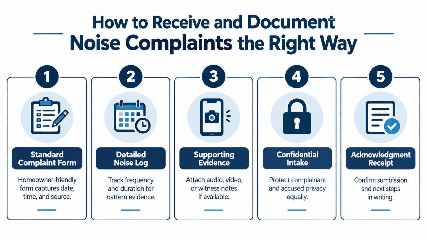 An infographic titled How to Receive and Document Noise Complaints illustrating a five-step process for HOAs.