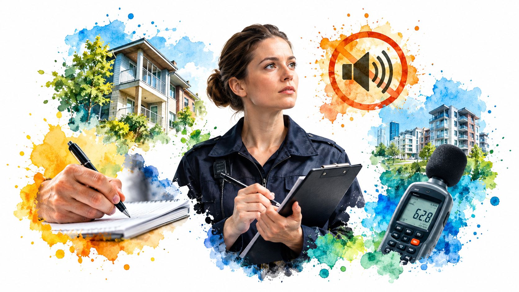 A professional officer reviewing noise complaints near residential buildings with sound monitoring equipment and a notepad.
