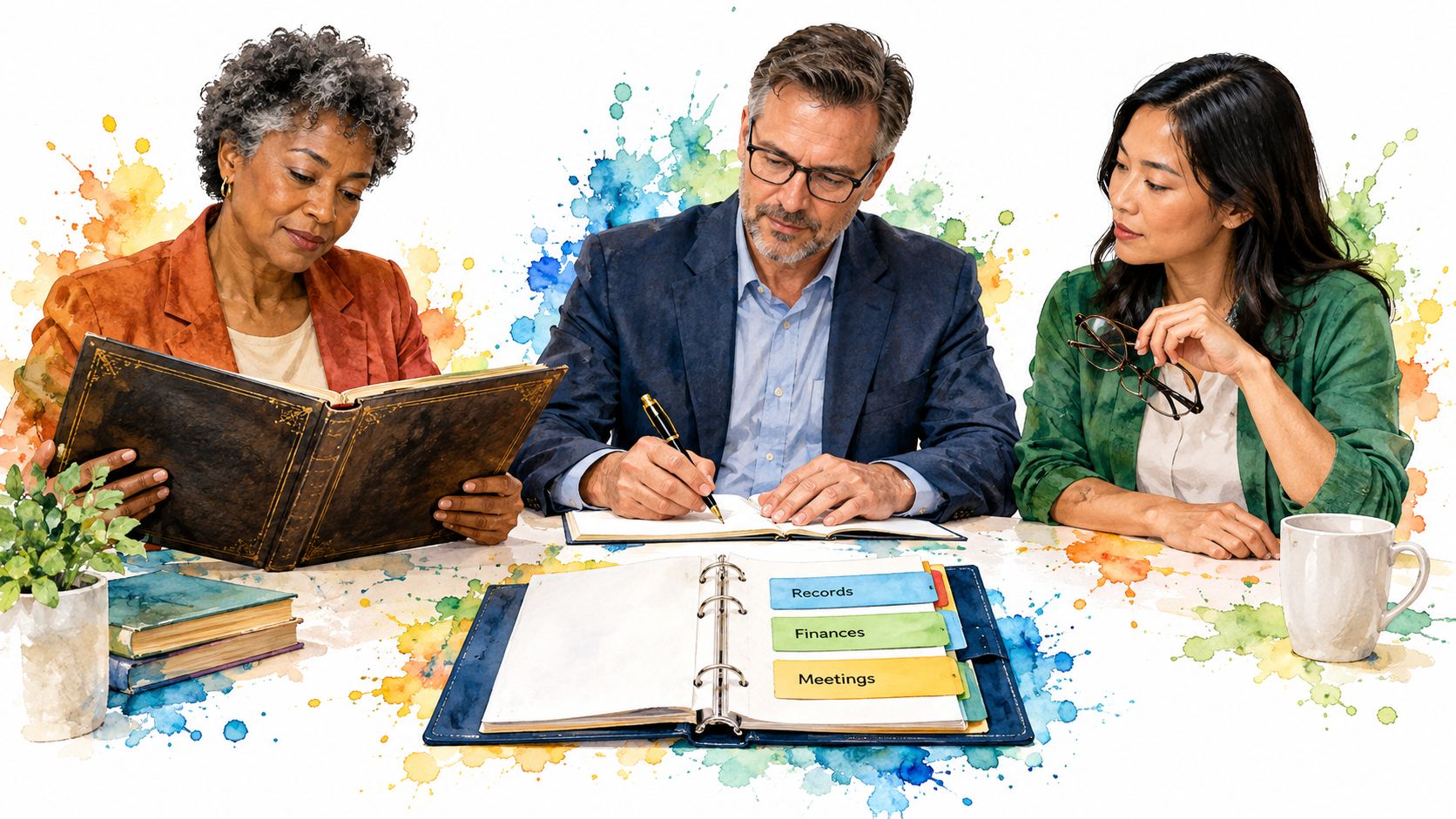 A diverse group of professionals reviewing official documents and ledgers in a collaborative office meeting setting.