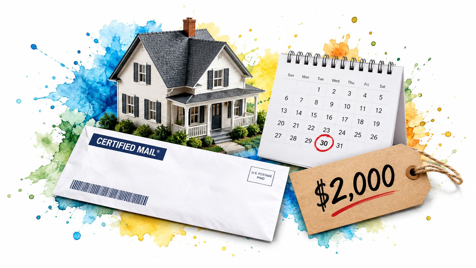 A house model, certified mail envelope, calendar with the 30th circled, and a two thousand dollar price tag.