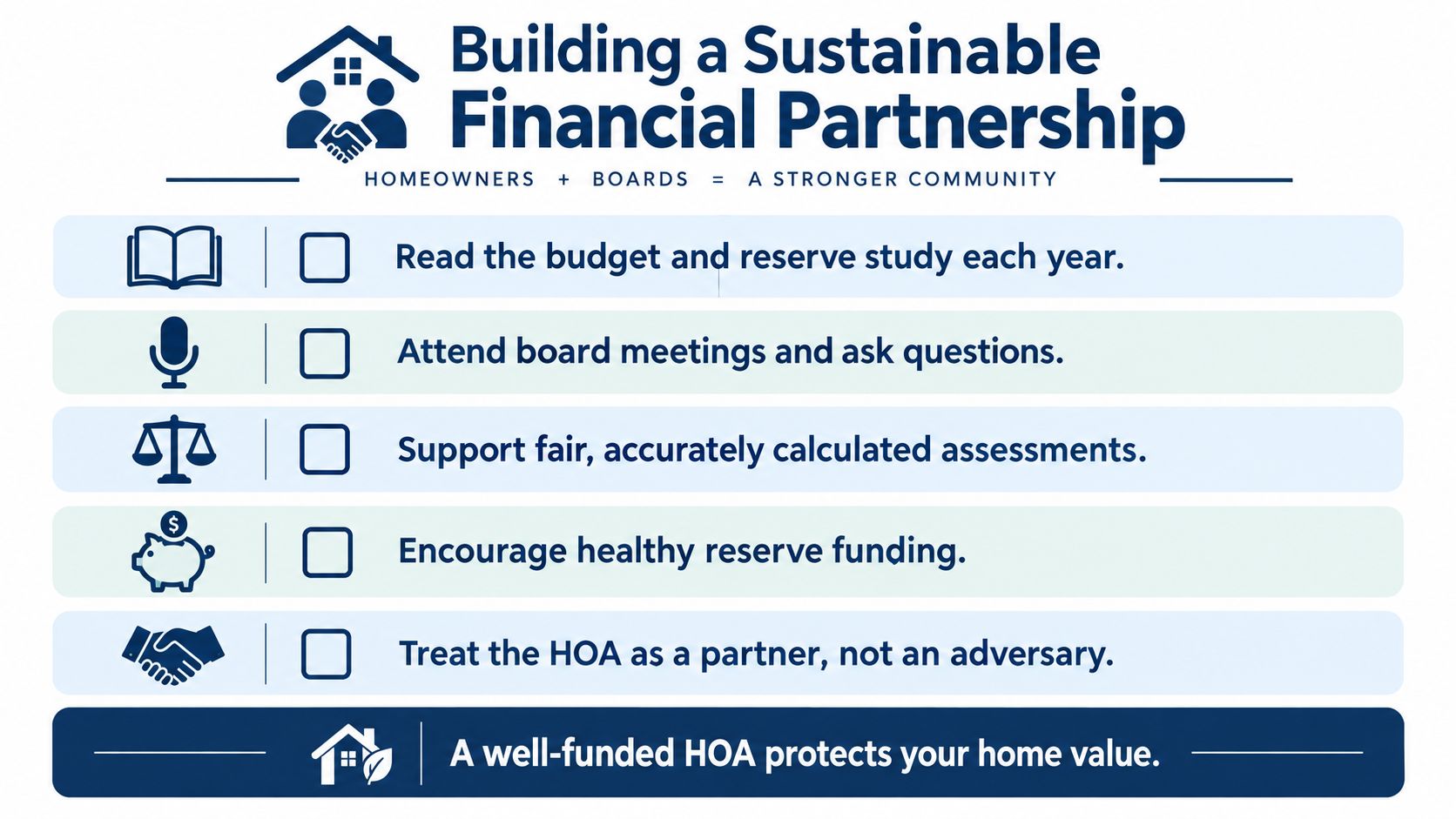 An infographic illustrating five ways homeowners and boards can build a sustainable financial partnership to protect property value.